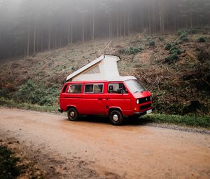 Preview wallpaper van, car, red, fog, nature, travel