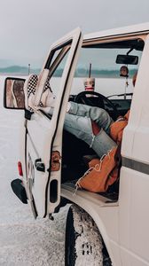 Preview wallpaper van, legs, man, travel, rest