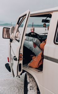 Preview wallpaper van, legs, man, travel, rest