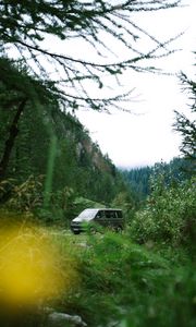 Preview wallpaper van, mountain, trees, grass, nature