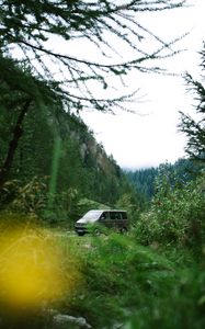 Preview wallpaper van, mountain, trees, grass, nature