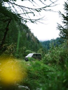 Preview wallpaper van, mountain, trees, grass, nature