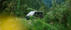 Preview wallpaper van, mountain, trees, grass, nature