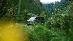 Preview wallpaper van, mountain, trees, grass, nature