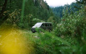 Preview wallpaper van, mountain, trees, grass, nature