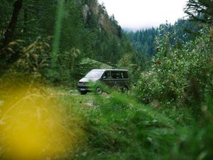 Preview wallpaper van, mountain, trees, grass, nature