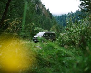 Preview wallpaper van, mountain, trees, grass, nature