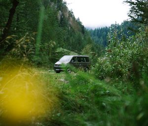 Preview wallpaper van, mountain, trees, grass, nature