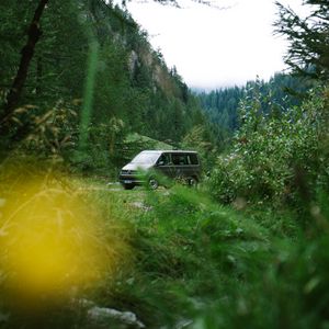 Preview wallpaper van, mountain, trees, grass, nature