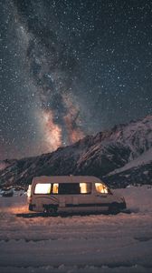 Preview wallpaper van, mountains, night, starry sky, landscape, travel