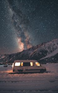 Preview wallpaper van, mountains, night, starry sky, landscape, travel