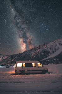 Preview wallpaper van, mountains, night, starry sky, landscape, travel