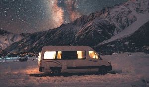 Preview wallpaper van, mountains, night, starry sky, landscape, travel