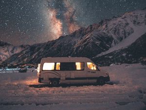 Preview wallpaper van, mountains, night, starry sky, landscape, travel