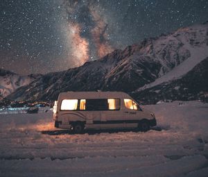 Preview wallpaper van, mountains, night, starry sky, landscape, travel