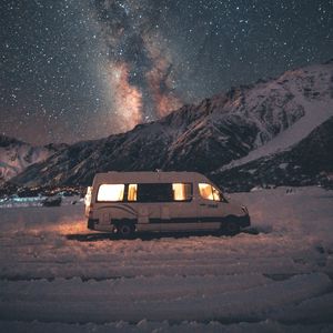 Preview wallpaper van, mountains, night, starry sky, landscape, travel