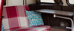 Preview wallpaper van, pillow, table, plaid, interior, mobile home