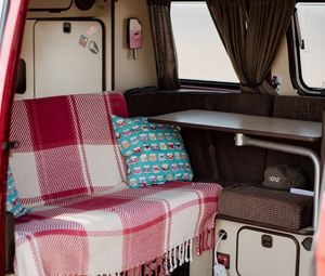 Preview wallpaper van, pillow, table, plaid, interior, mobile home