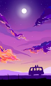 Preview wallpaper van, silhouettes, night, moon, art, purple