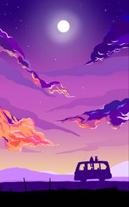 Preview wallpaper van, silhouettes, night, moon, art, purple