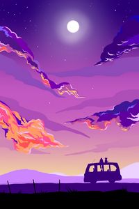 Preview wallpaper van, silhouettes, night, moon, art, purple