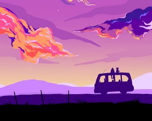 Preview wallpaper van, silhouettes, night, moon, art, purple