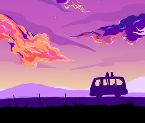 Preview wallpaper van, silhouettes, night, moon, art, purple
