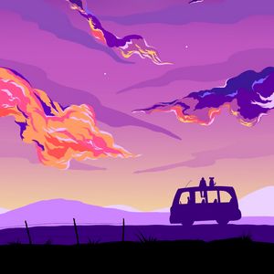 Preview wallpaper van, silhouettes, night, moon, art, purple