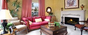 Preview wallpaper vase, curtains, sofa, fireplace, painting, carpet, leather, room, comfort, chair, furniture, plants, flowers
