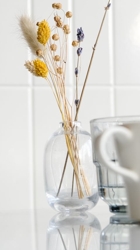 480x854 Wallpaper vase, dried flower, cup, white, aesthetics