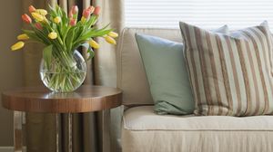 Preview wallpaper vase, sofa, design, interior design, room, pillows, strips, tulips, flowers