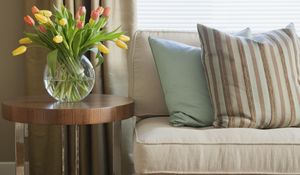 Preview wallpaper vase, sofa, design, interior design, room, pillows, strips, tulips, flowers