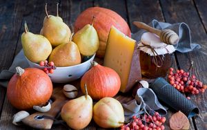 Preview wallpaper vegetables, fruit, pears, pumpkins, honey, cheese, still life