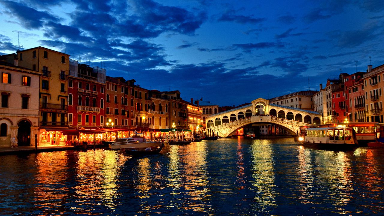 Wallpaper venice, canal, gondola, boat, night, lights, houses, clouds, italy