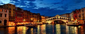 Preview wallpaper venice, canal, gondola, boat, night, lights, houses, clouds, italy
