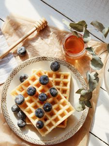 Preview wallpaper viennese waffles, blueberries, berries, honey