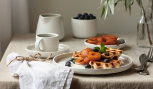 Preview wallpaper viennese waffles, waffles, fruits, dishes, cloth