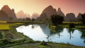 Preview wallpaper vietnam, crops, fields, fishermen, boats, fog, morning