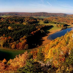 Preview wallpaper view from above, summer, trees, river, autumn