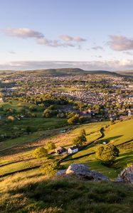 Preview wallpaper village, aerial view, houses, valley, hills