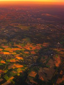 Preview wallpaper village, aerial view, landscape, sunset, dawn