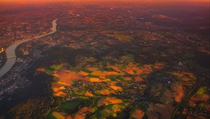 Preview wallpaper village, aerial view, landscape, sunset, dawn