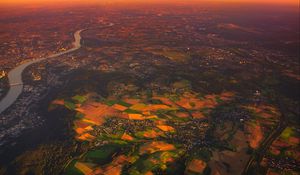 Preview wallpaper village, aerial view, landscape, sunset, dawn