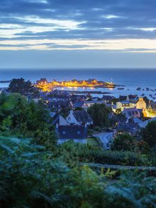 Preview wallpaper village, buildings, aerial  view, coast, sea