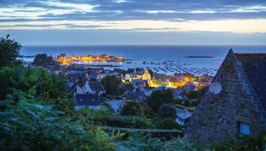 Preview wallpaper village, buildings, aerial  view, coast, sea