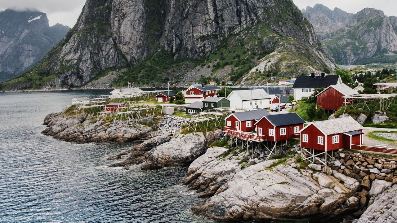 Wallpaper village, buildings, coast, rocks, sea