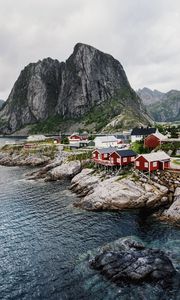 Preview wallpaper village, buildings, coast, rocks, sea