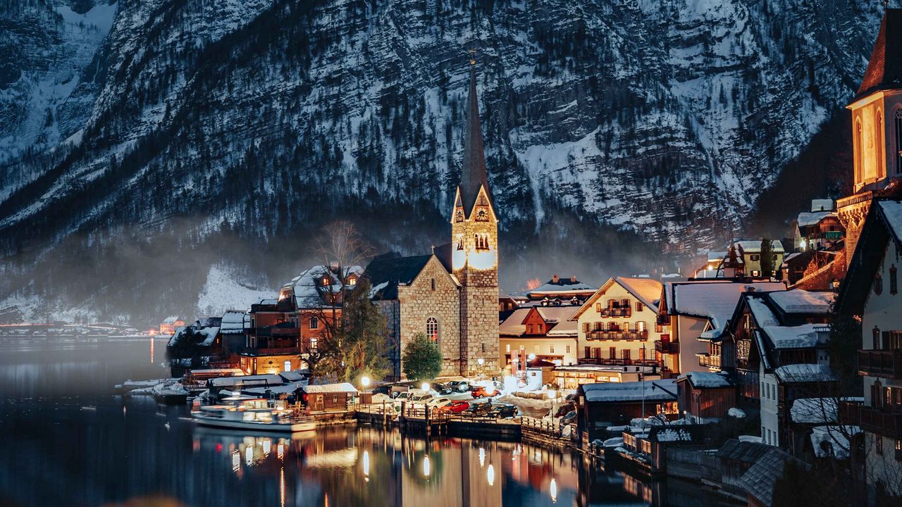 Wallpaper village, buildings, mountain, lake, reflection