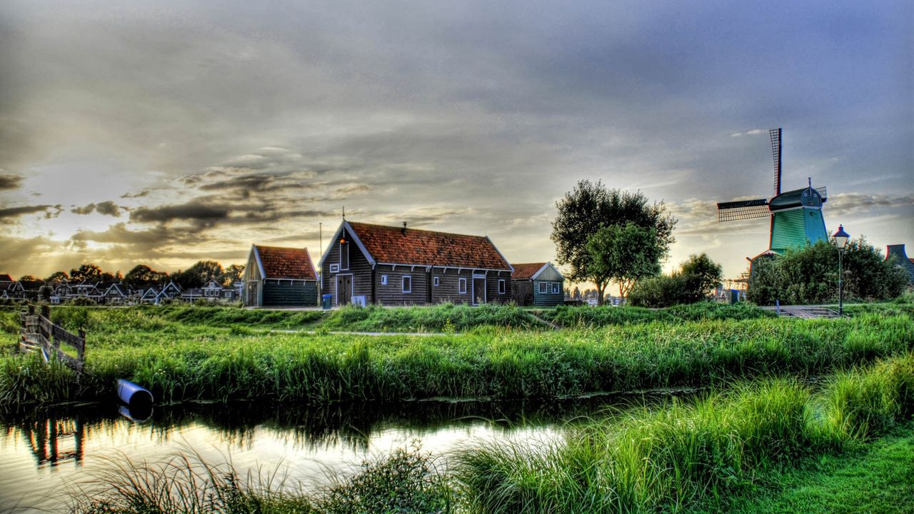 Wallpaper village, farm, mill, river, grass, structures, houses