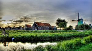 Preview wallpaper village, farm, mill, river, grass, structures, houses